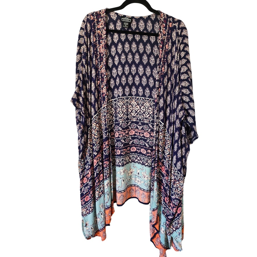 Angie Womens M Boho Mixed Print Open Front Kimono Blue Bohemian Festival Hippie